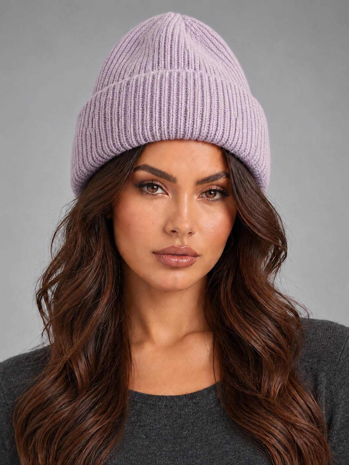 Women's Angora Knit Beanie – Soft Winter Hat in Lilac — front view