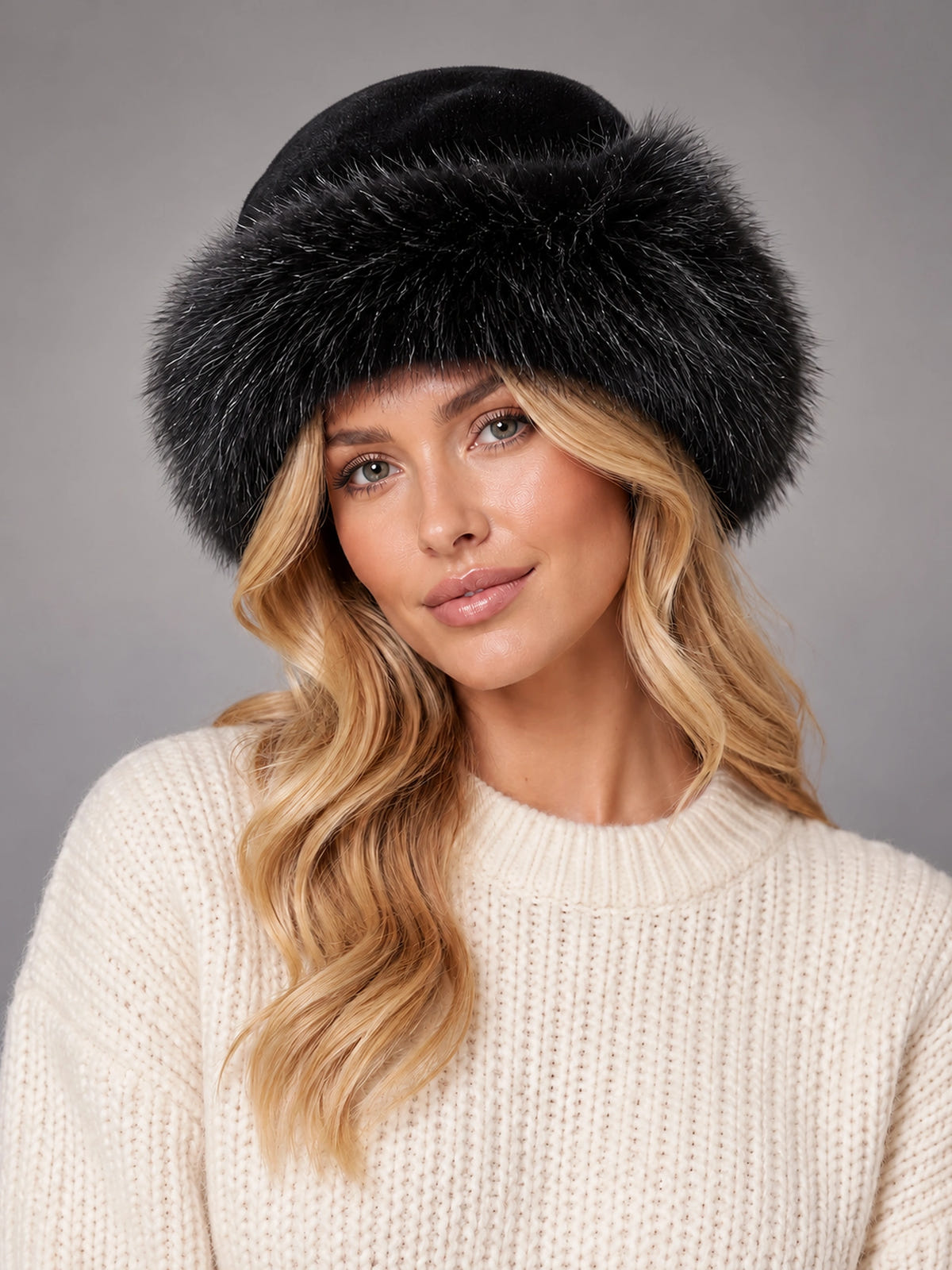 Women's Faux Fur Bucket Hat – Fuzzy Winter Hat in Black — front view