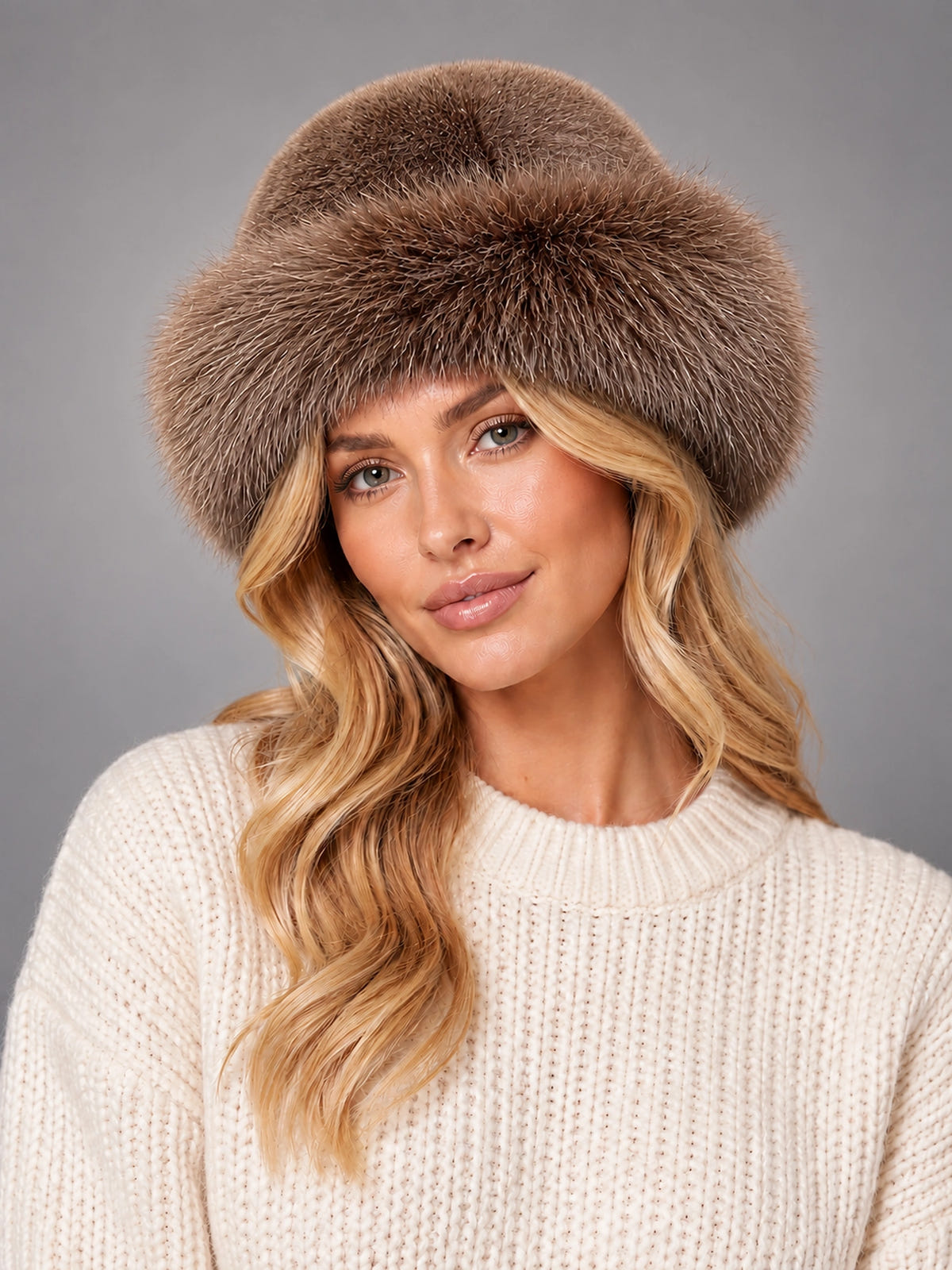 Women's Faux Fur Bucket Hat – Fuzzy Winter Hat in Brown — front view