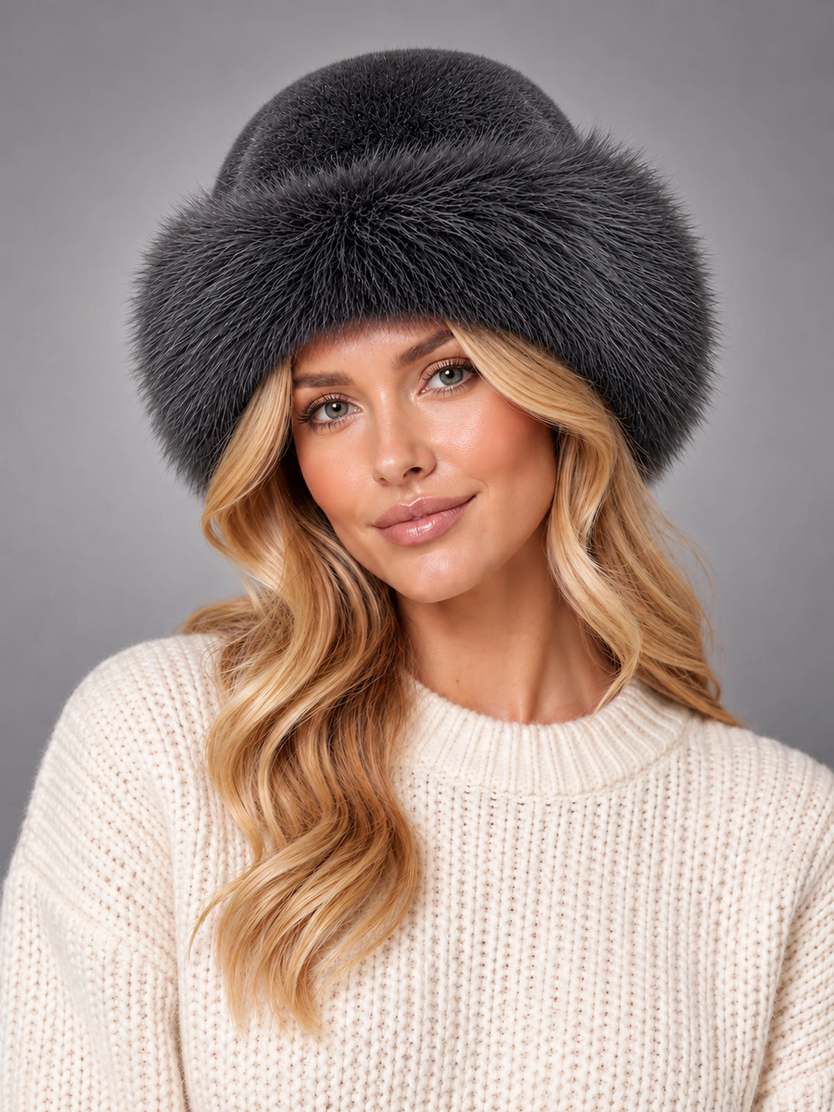 Women's Faux Fur Bucket Hat – Fuzzy Winter Hat in Charcoal — front view
