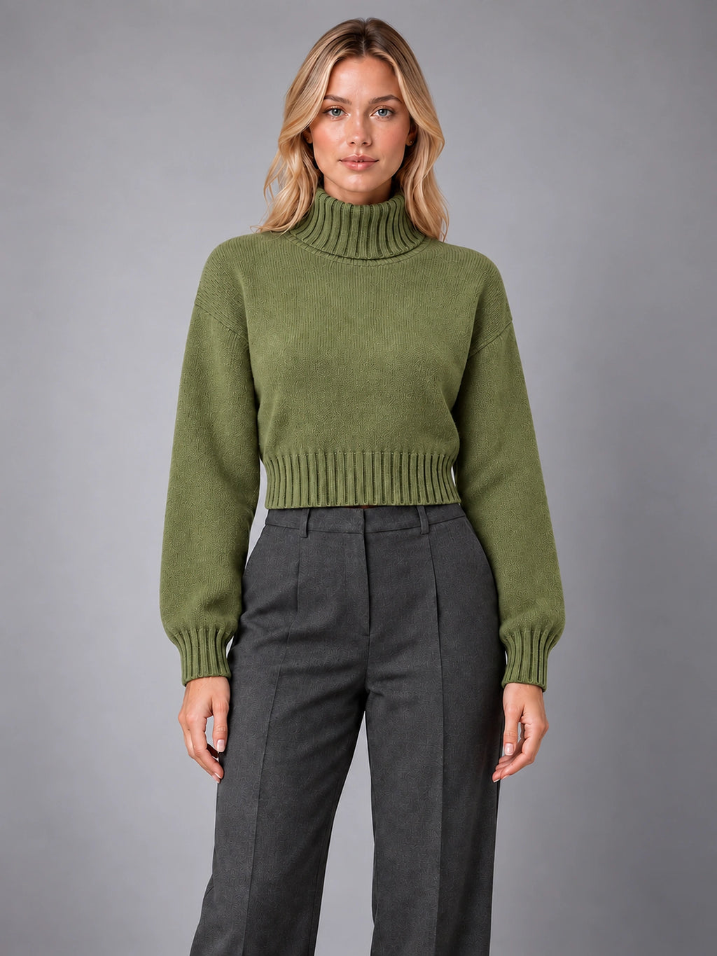 Women's Wool Turtleneck Sweater – Regular Fit Pullover in Army Green — front view