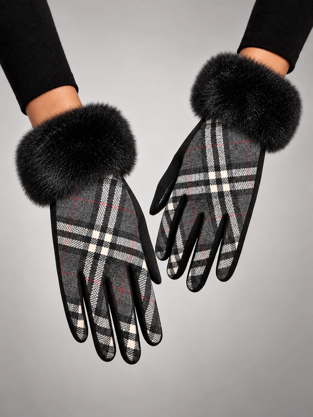 Women's Plush Touchscreen Gloves – Warm Winter Plaid in Black Plaid — front view