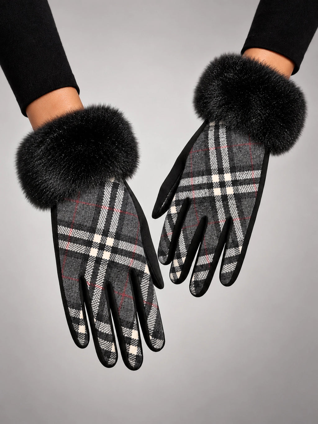 Women's Plush Touchscreen Gloves – Warm Winter Plaid in Black Plaid — front view