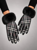 Women's Plush Touchscreen Gloves – Warm Winter Plaid in Black Plaid — front view