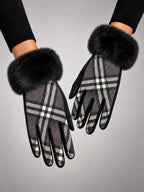 Women's Plush Touchscreen Gloves – Warm Winter Plaid in Black Plaid — front view