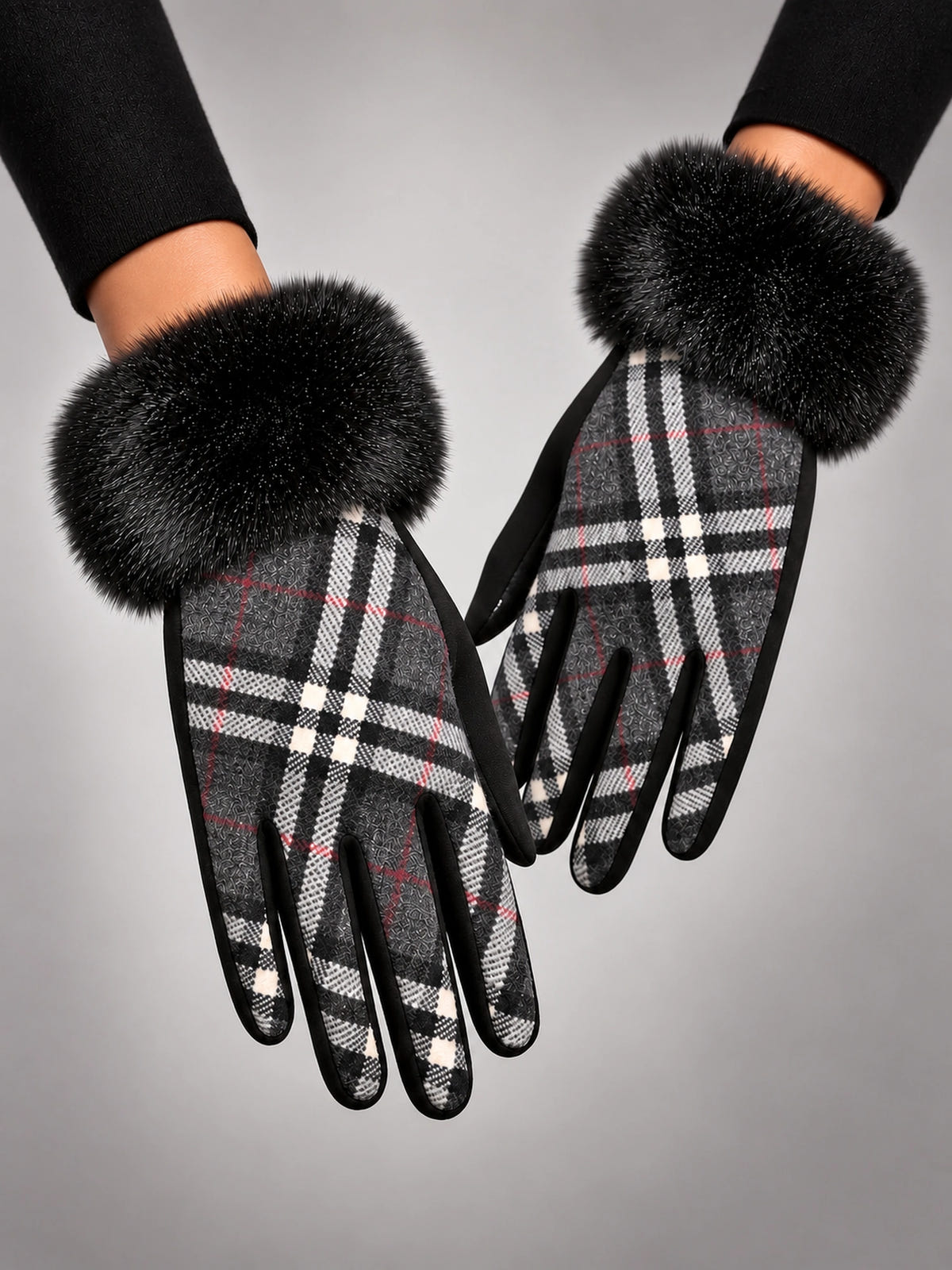 Women's Plush Touchscreen Gloves – Warm Winter Plaid in Black Plaid — alternate view