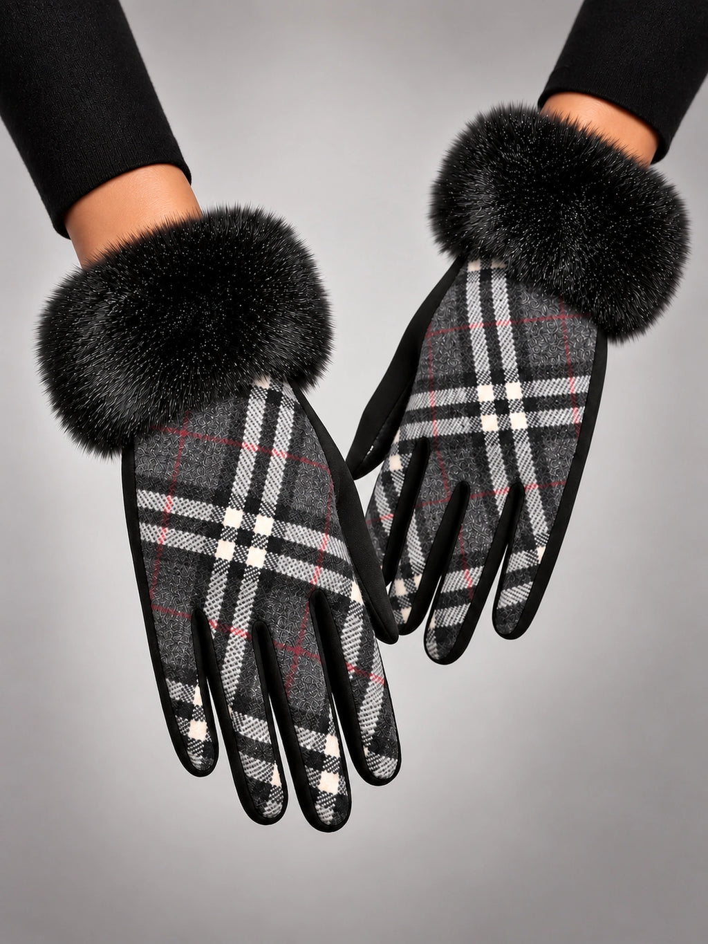 Women's Plush Touchscreen Gloves – Warm Winter Plaid in Black Plaid — alternate view