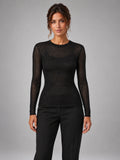 Women's Sheer Mesh Top – Long Sleeve Crew Neck in Black — front view