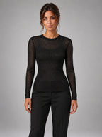 Women's Sheer Mesh Top – Long Sleeve Crew Neck in Black — front view