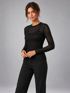 Women's Sheer Mesh Top – Long Sleeve Crew Neck in Black — alternate view