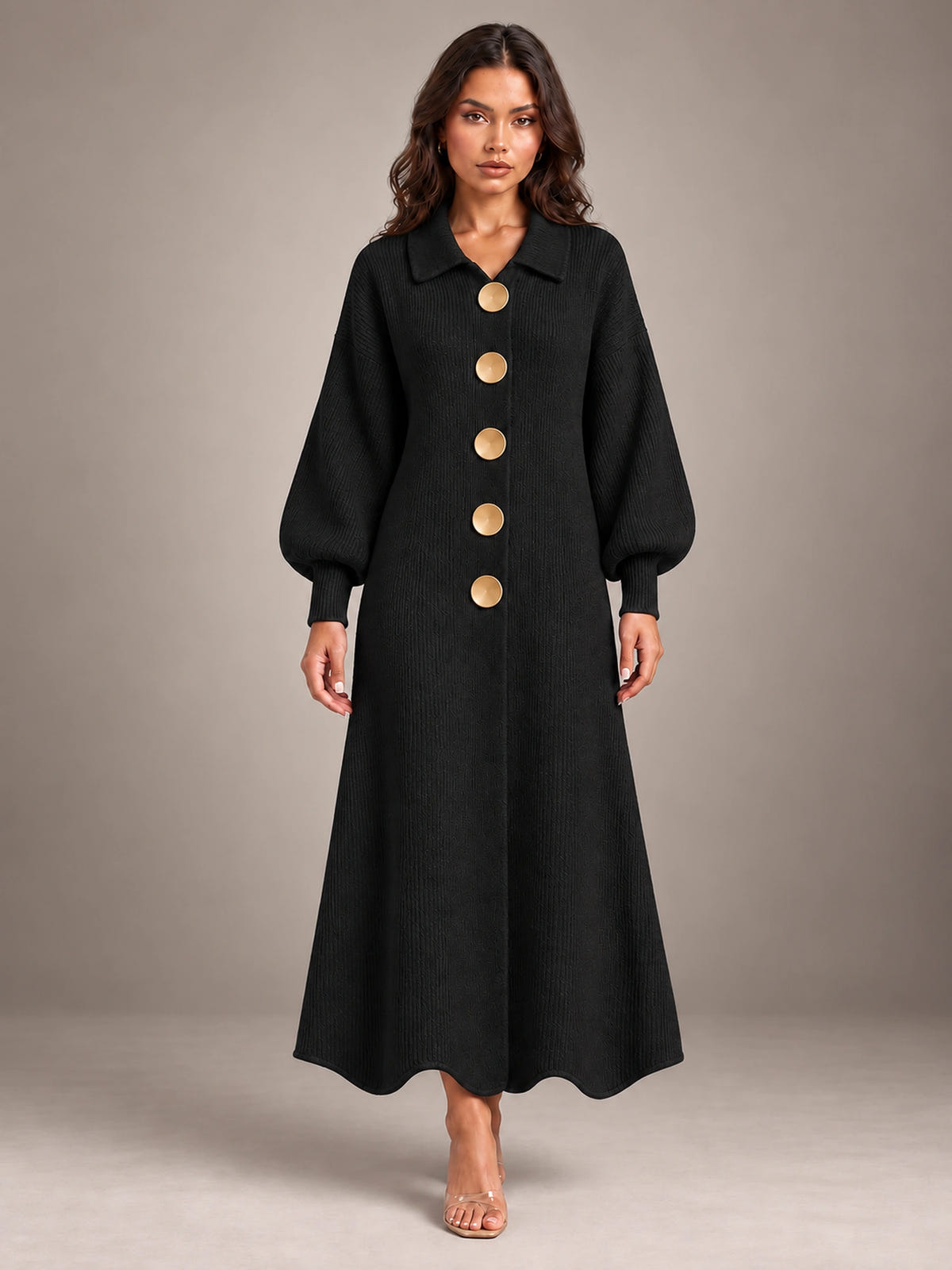 Women's Cardigan Sweater Dress – Puff Sleeve Maxi in Black — front view