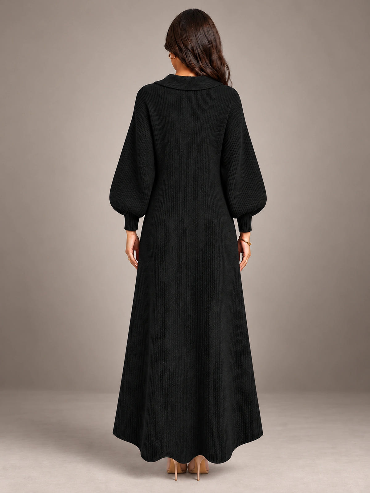 Women's Cardigan Sweater Dress – Puff Sleeve Maxi in Black — back view