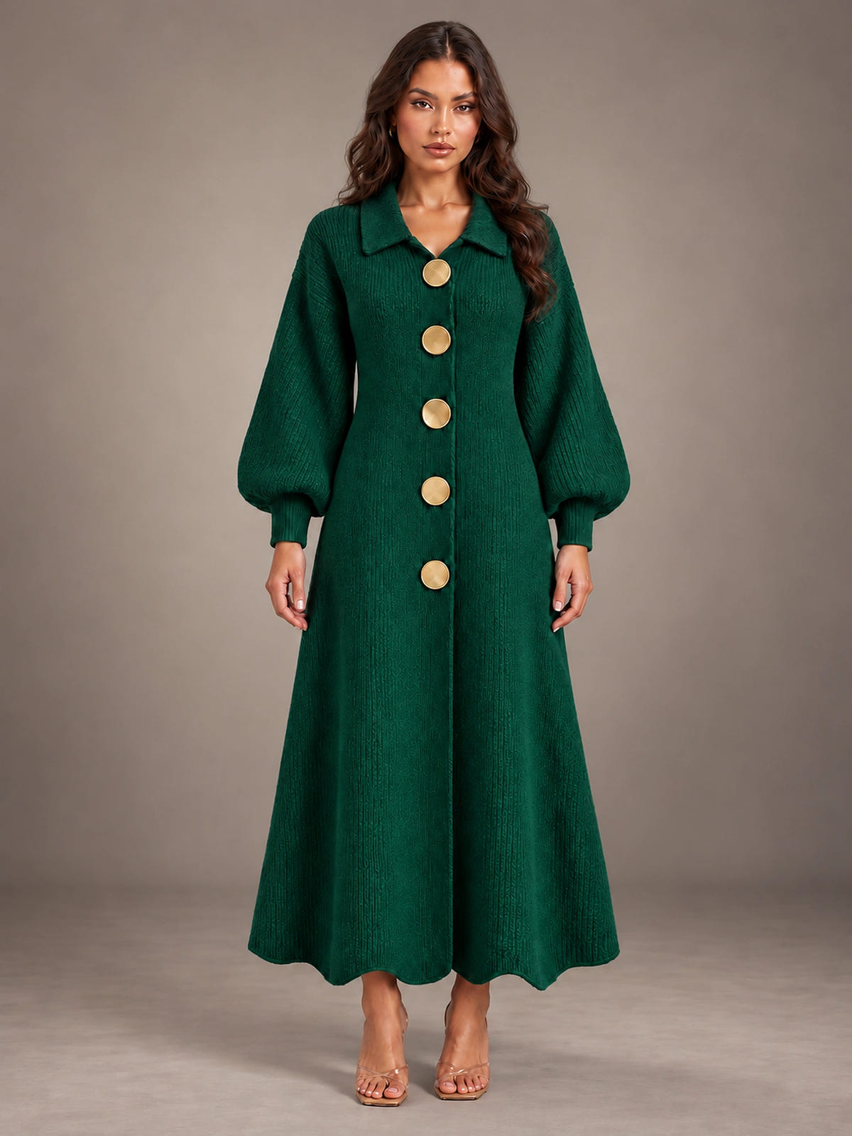 Women's Cardigan Sweater Dress – Puff Sleeve Maxi in Green — front view