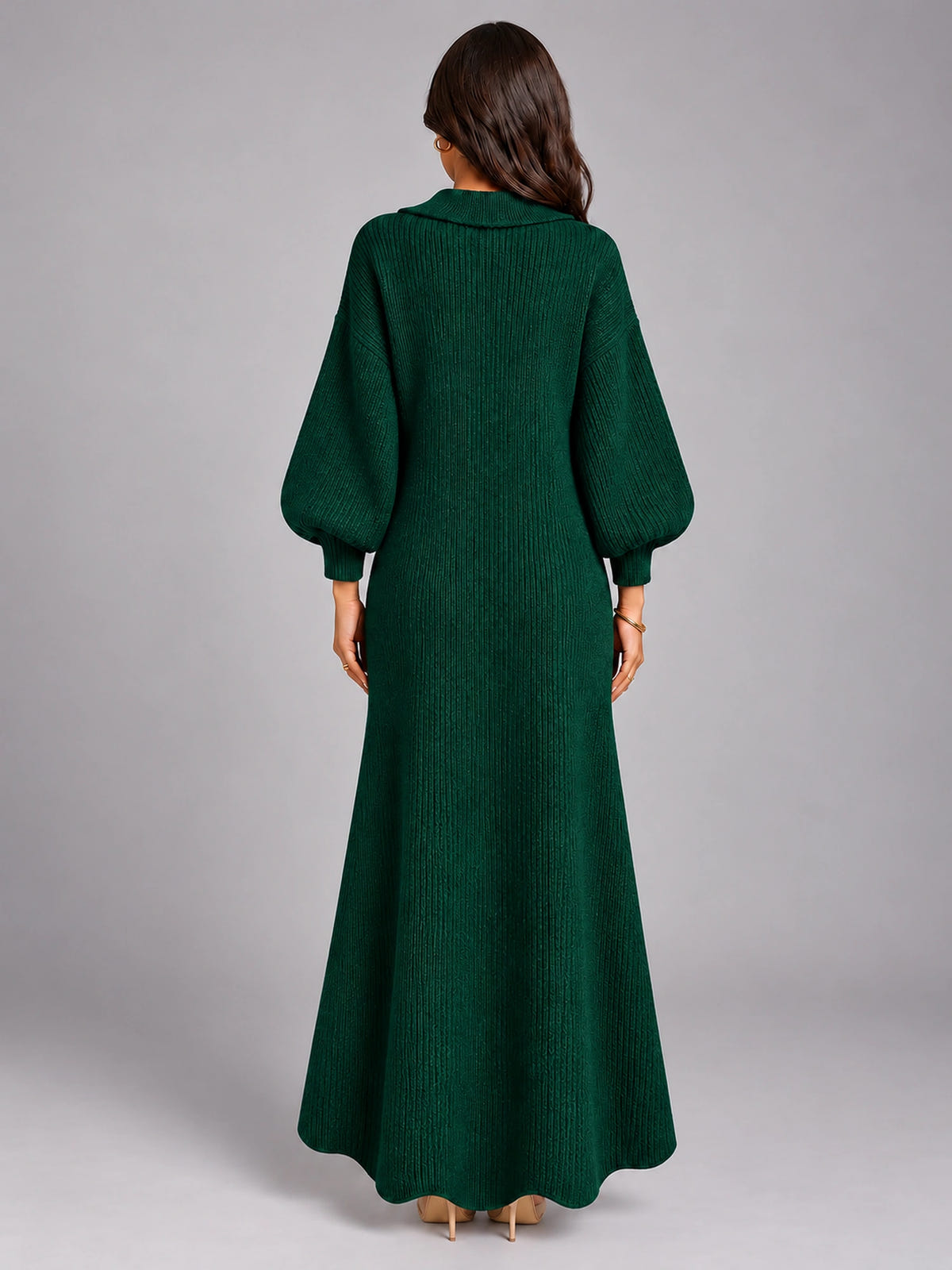 Women's Cardigan Sweater Dress – Puff Sleeve Maxi in Green — back view