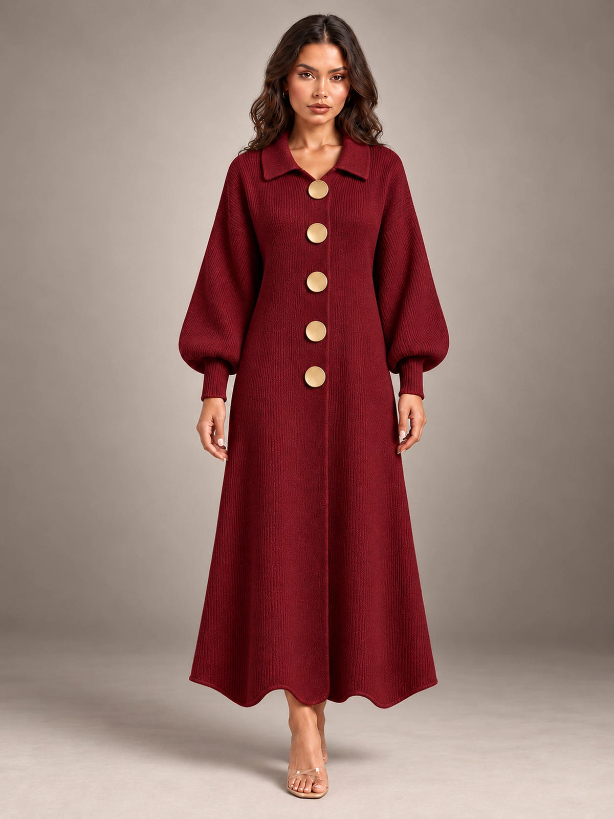 Women's Cardigan Sweater Dress – Puff Sleeve Maxi in Wine Red — front view