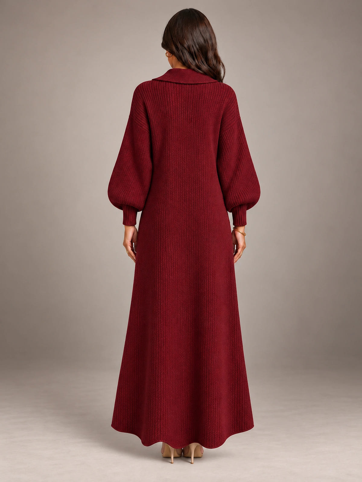 Women's Cardigan Sweater Dress – Puff Sleeve Maxi in Wine Red — back view