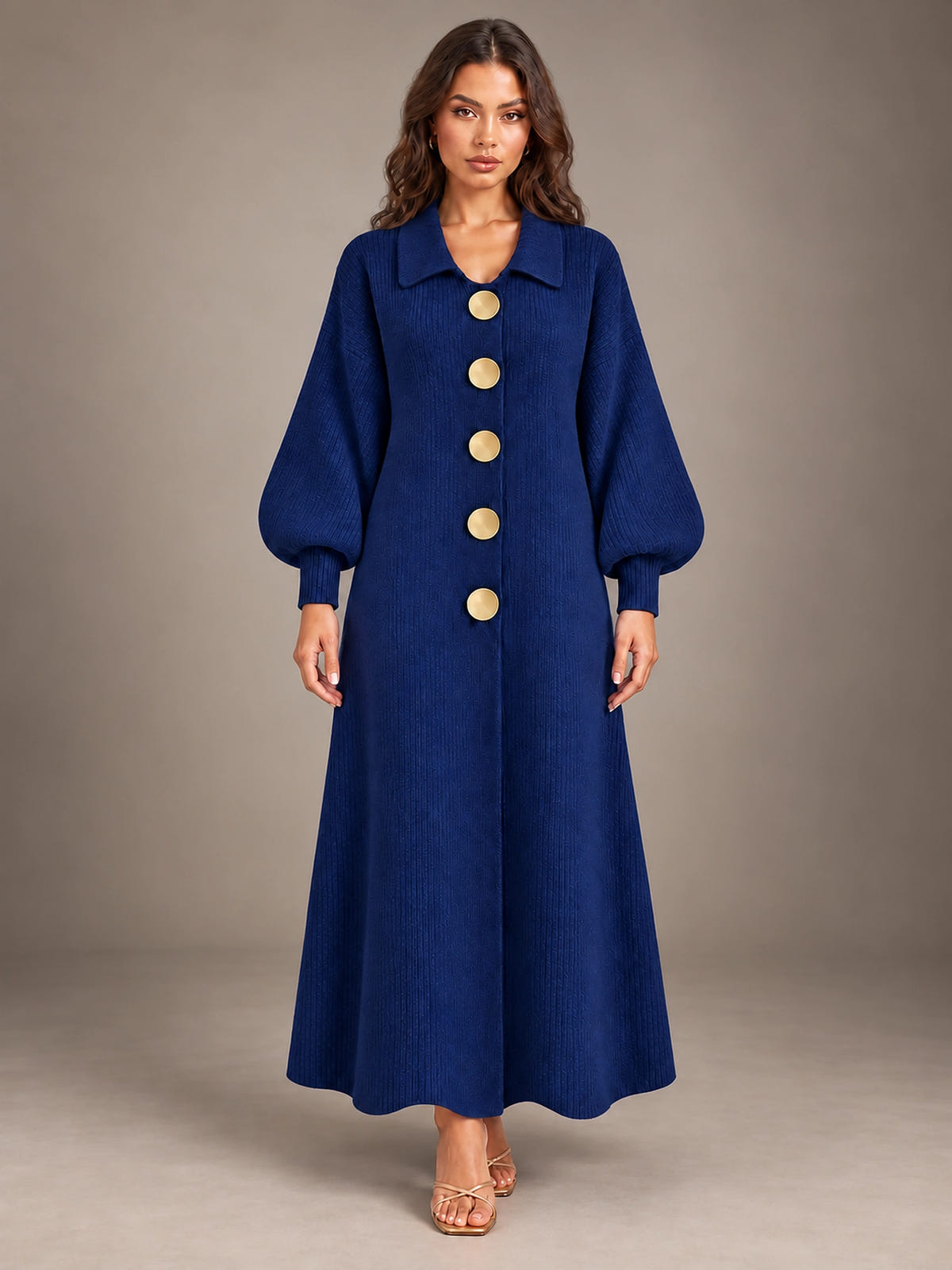 Women's Cardigan Sweater Dress – Puff Sleeve Maxi in Dark Blue — front view