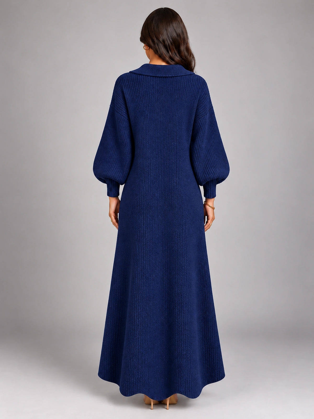Women's Cardigan Sweater Dress – Puff Sleeve Maxi in Dark Blue — back view