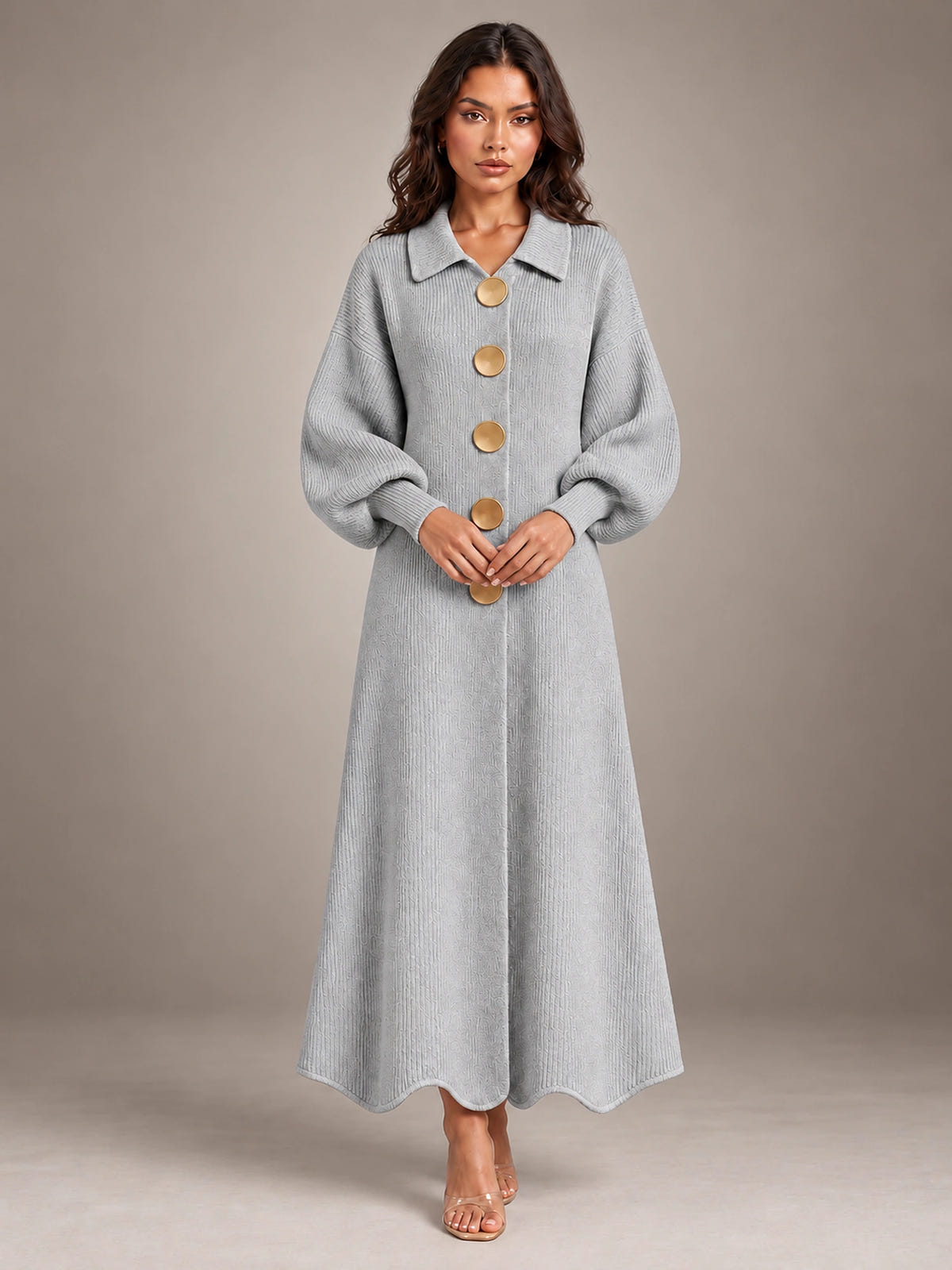 Women's Cardigan Sweater Dress – Puff Sleeve Maxi in Gray — front view