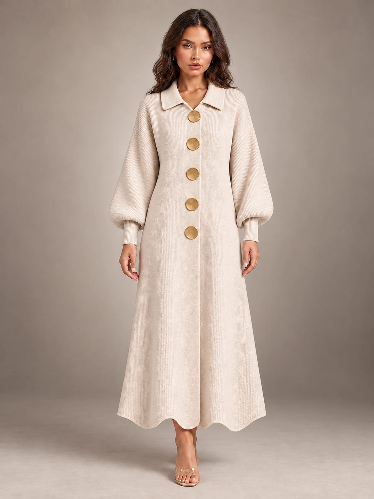Women's Cardigan Sweater Dress – Puff Sleeve Maxi in Apricot — front view