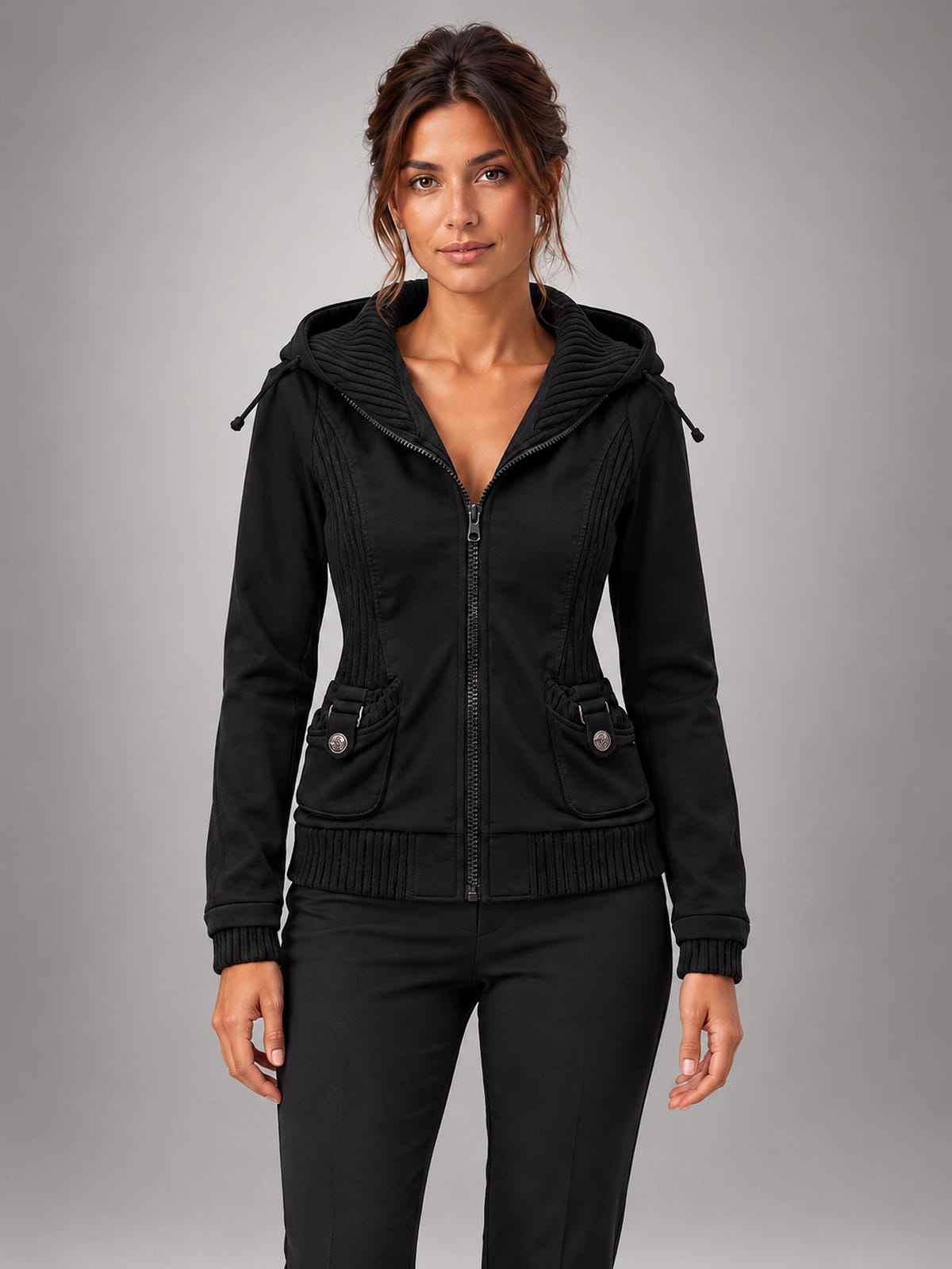 Women's Embroidered Hooded Jacket – Zip-Up Slim Fit in Black — front view