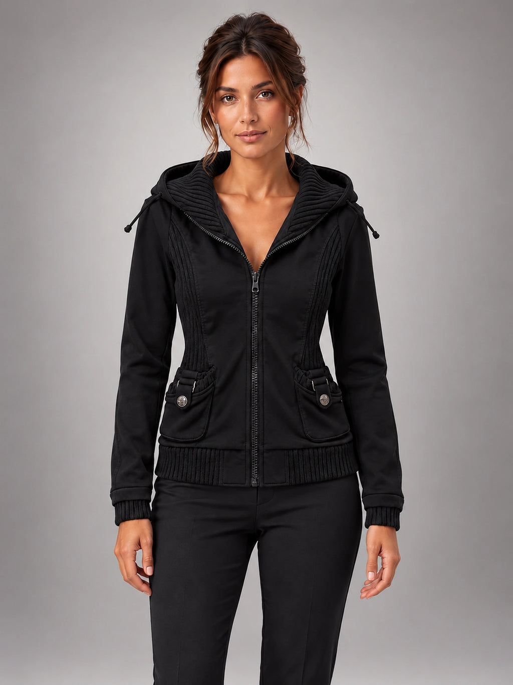 Women's Embroidered Hooded Jacket – Zip-Up Slim Fit in Black — front view