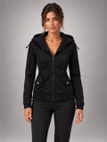 Women's Embroidered Hooded Jacket – Zip-Up Slim Fit in Black — front view