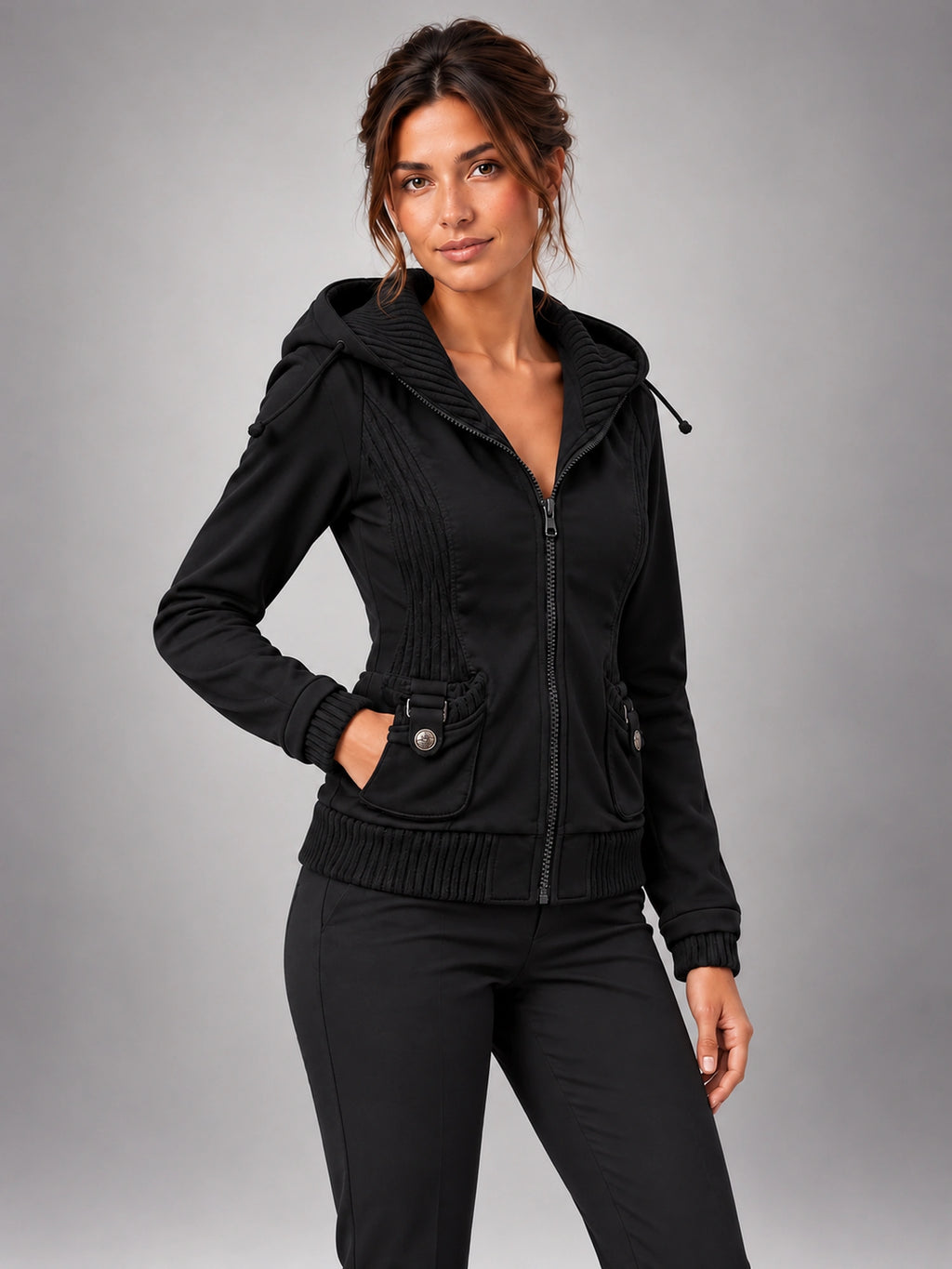 Women's Embroidered Hooded Jacket – Zip-Up Slim Fit in Black — alternate view
