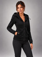 Women's Embroidered Hooded Jacket – Zip-Up Slim Fit in Black — alternate view