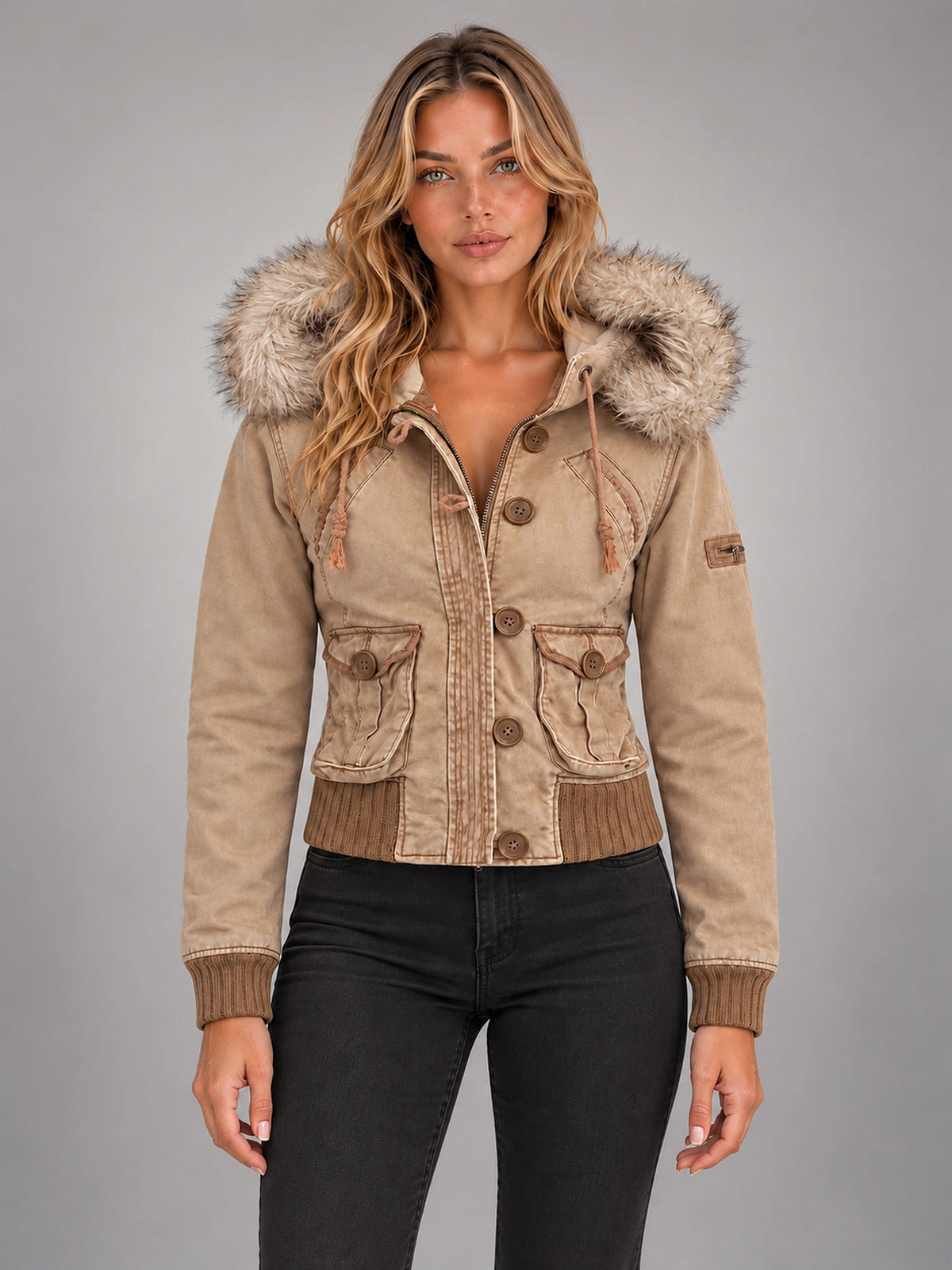 Women's Embroidered Hooded Jacket – Zip-Up Slim Fit in Tan — front view