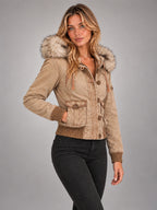 Women's Embroidered Hooded Jacket – Zip-Up Slim Fit in Tan — alternate view