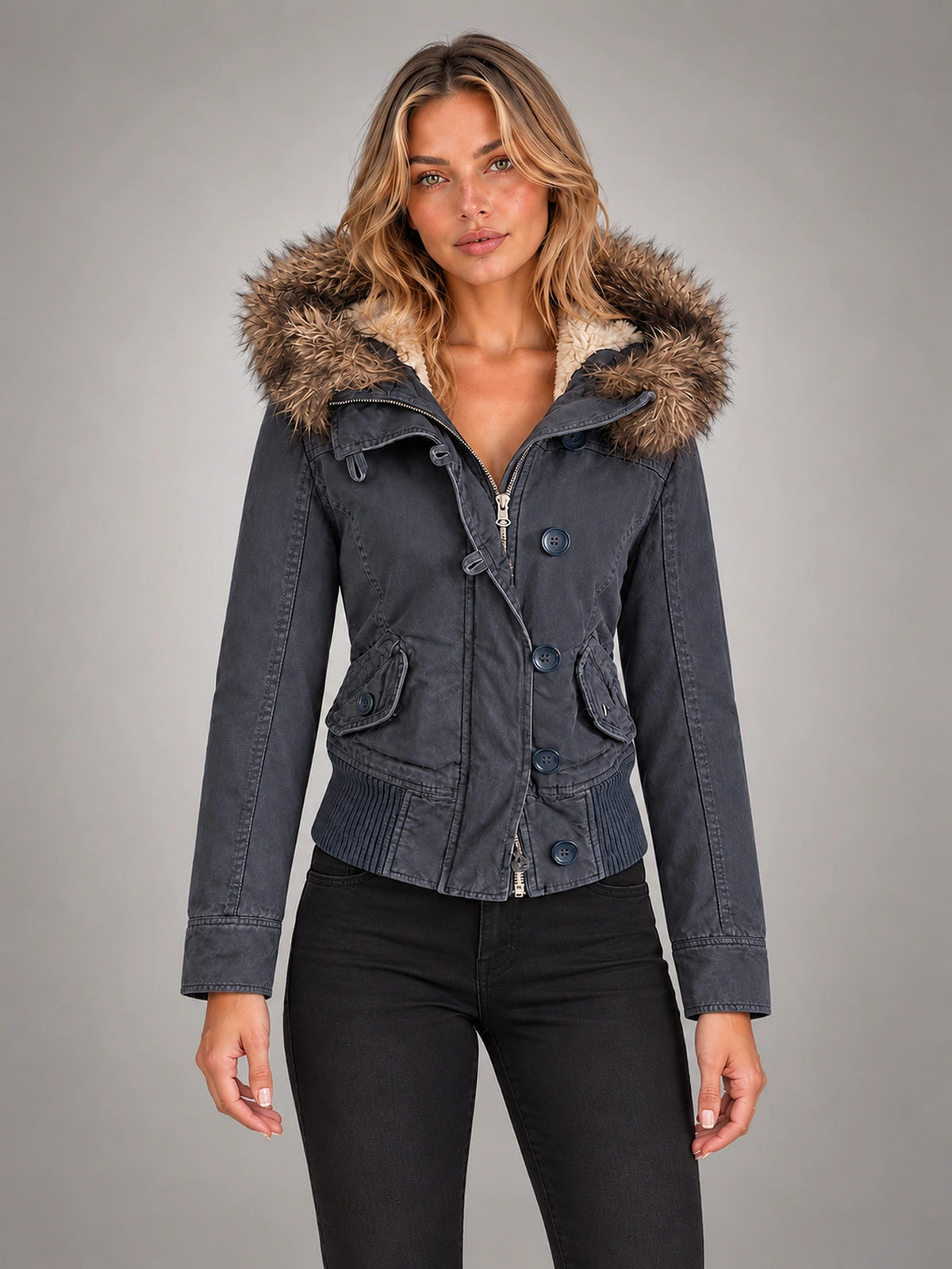 Women's Embroidered Hooded Jacket – Zip-Up Slim Fit in Sky Blue — front view