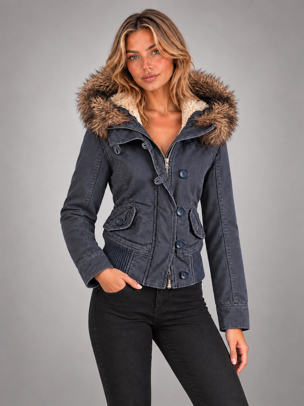 Women's Embroidered Hooded Jacket – Zip-Up Slim Fit in Sky Blue — alternate view