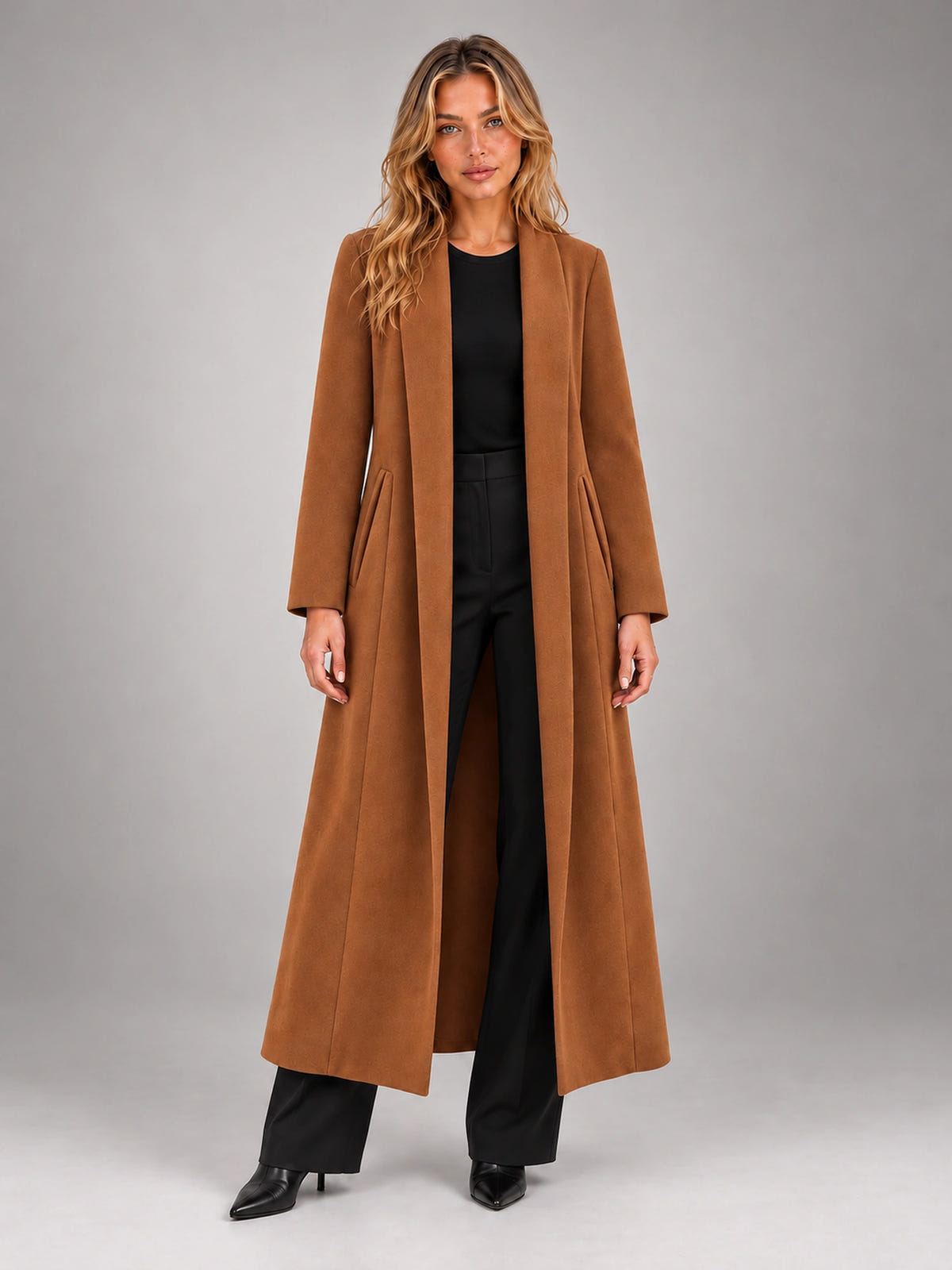 Women's Maxi Long Coat – Open Front Relaxed Fit in Brown — front view