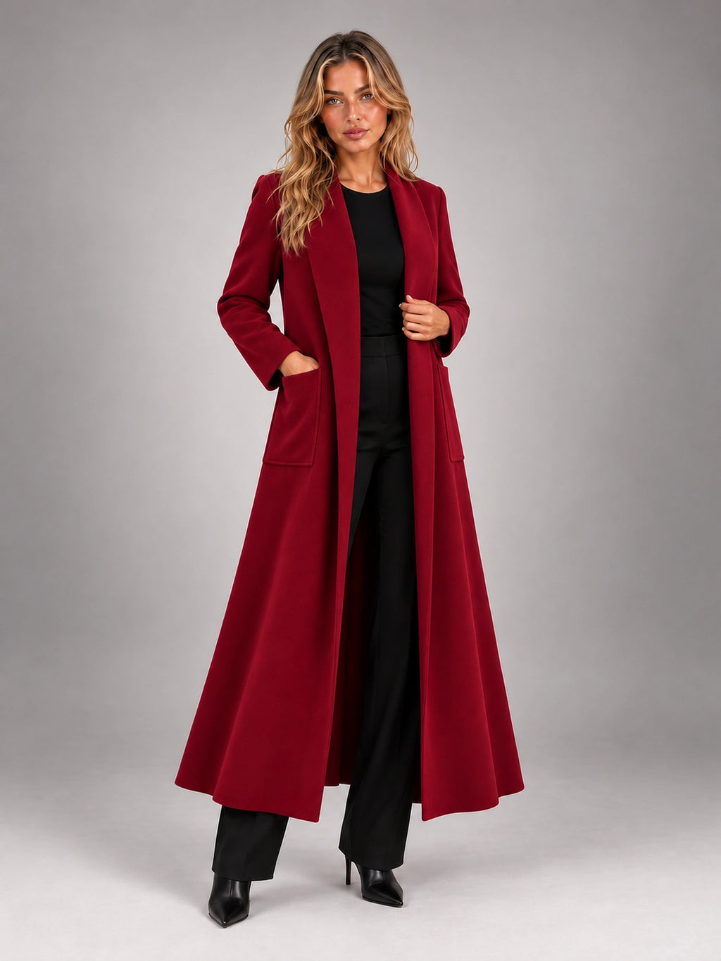 Women's Maxi Long Coat – Open Front Relaxed Fit in Burgundy — alternate view