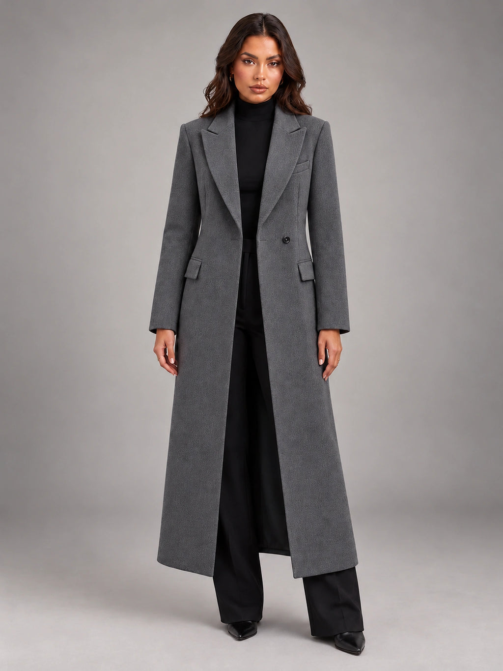 Women's Oversized Long Coat – Single Button Notch Lapel in Gray Brown — front view