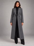 Women's Oversized Long Coat – Single Button Notch Lapel in Gray Brown — front view