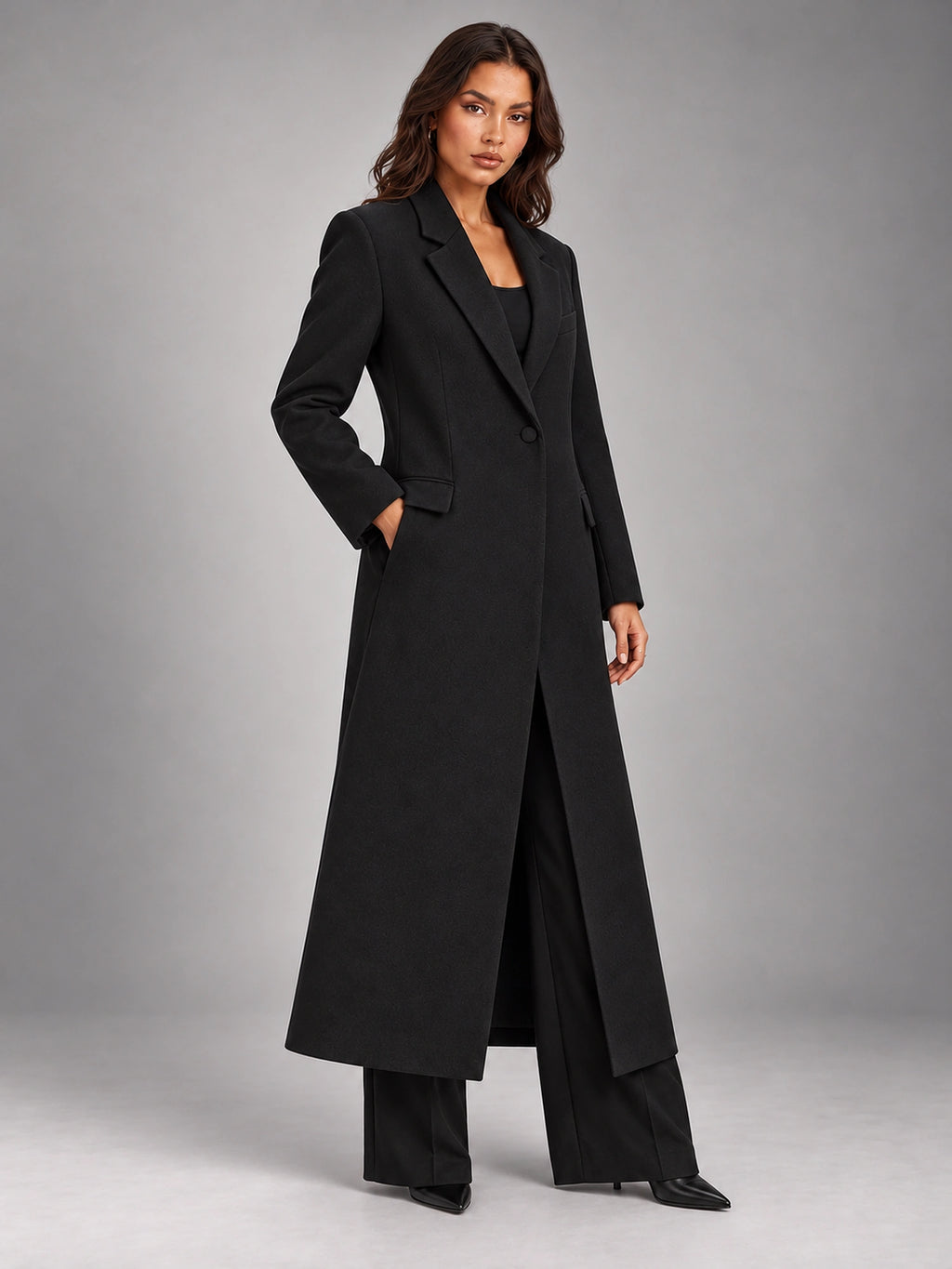 Women's Oversized Long Coat – Single Button Notch Lapel in Black — alternate view