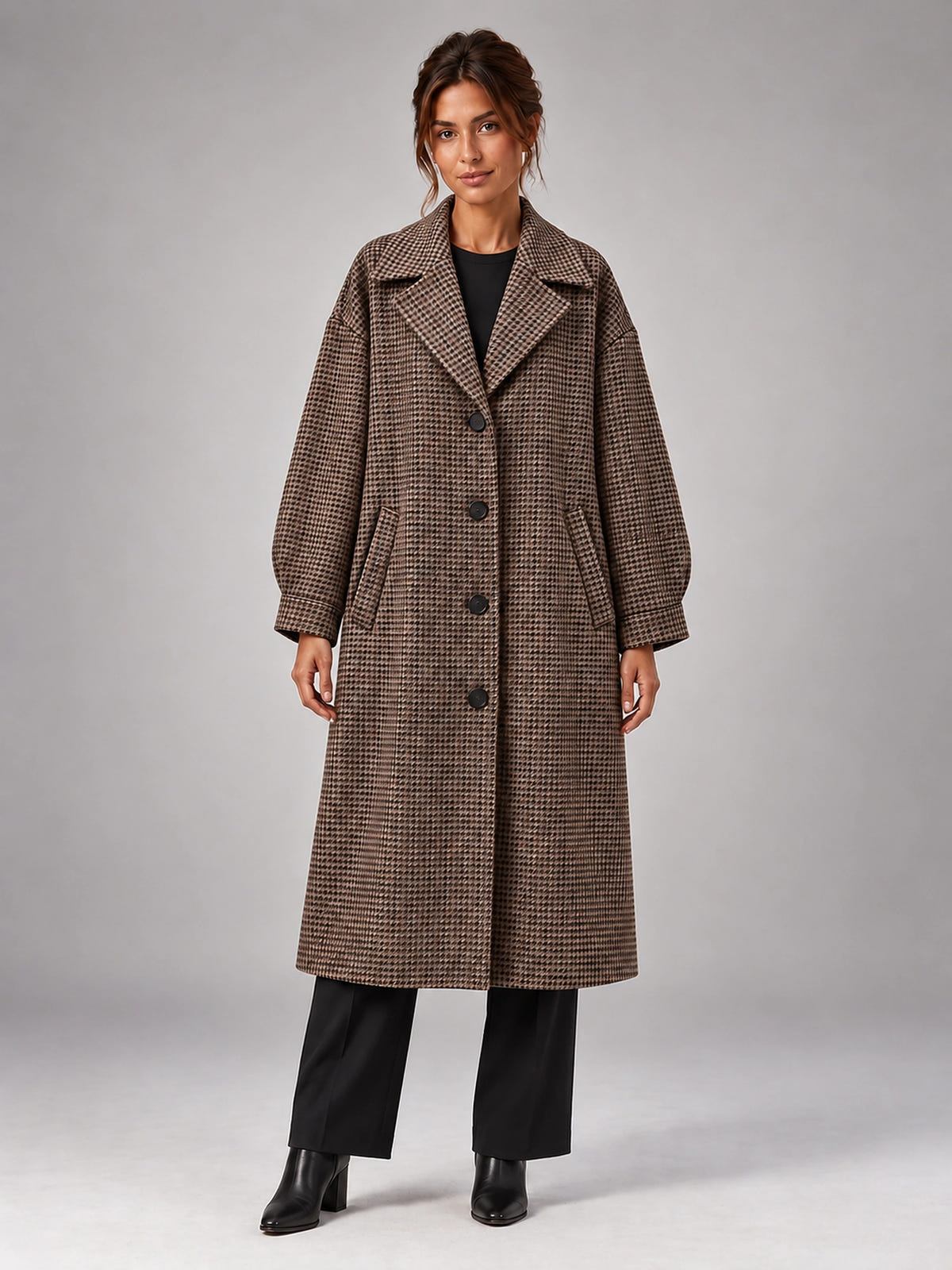 Women's Plaid Wool Blend Coat – Long Belted in Plaid — front view