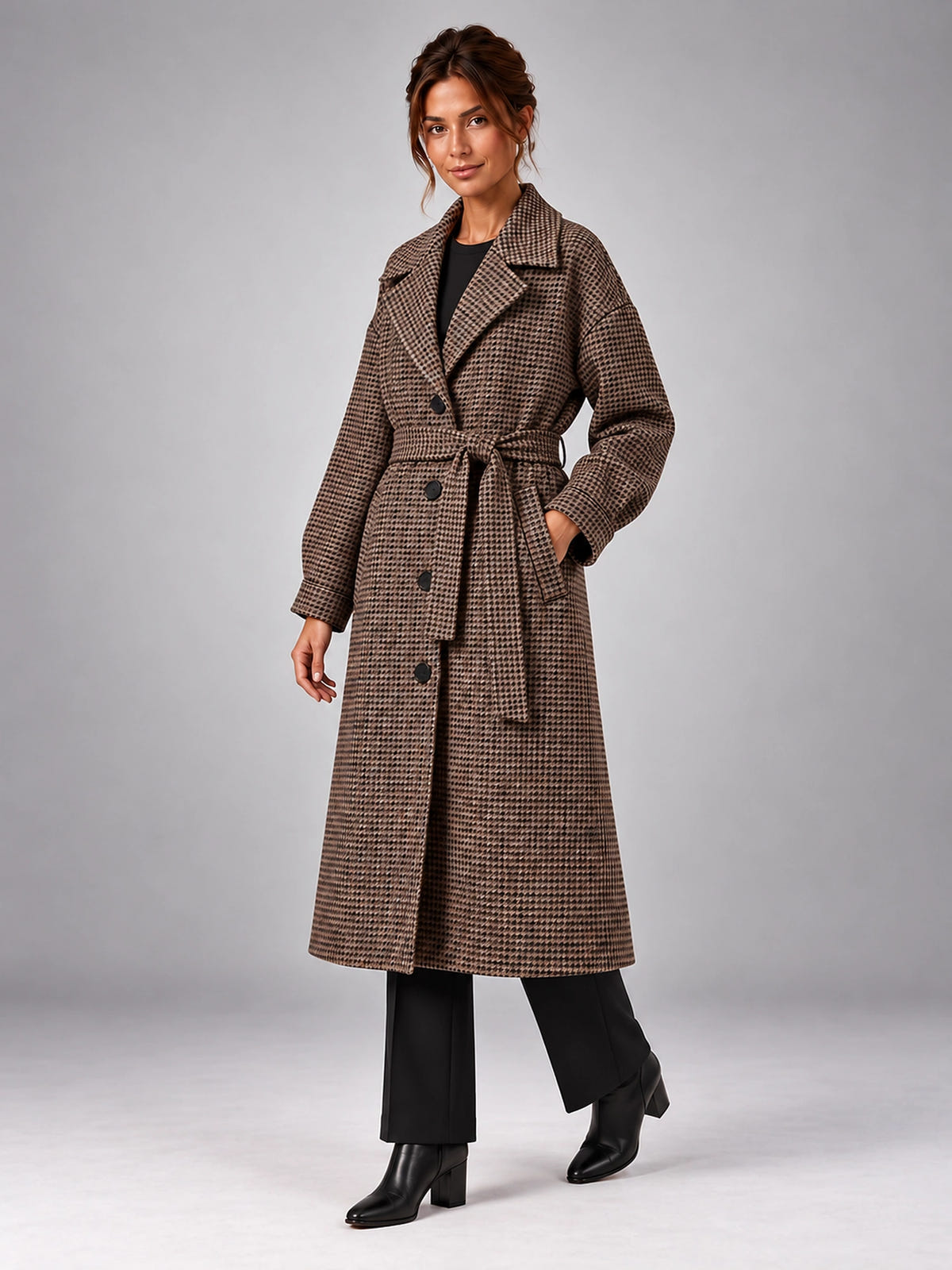 Women's Plaid Wool Blend Coat – Long Belted in Plaid — alternate view