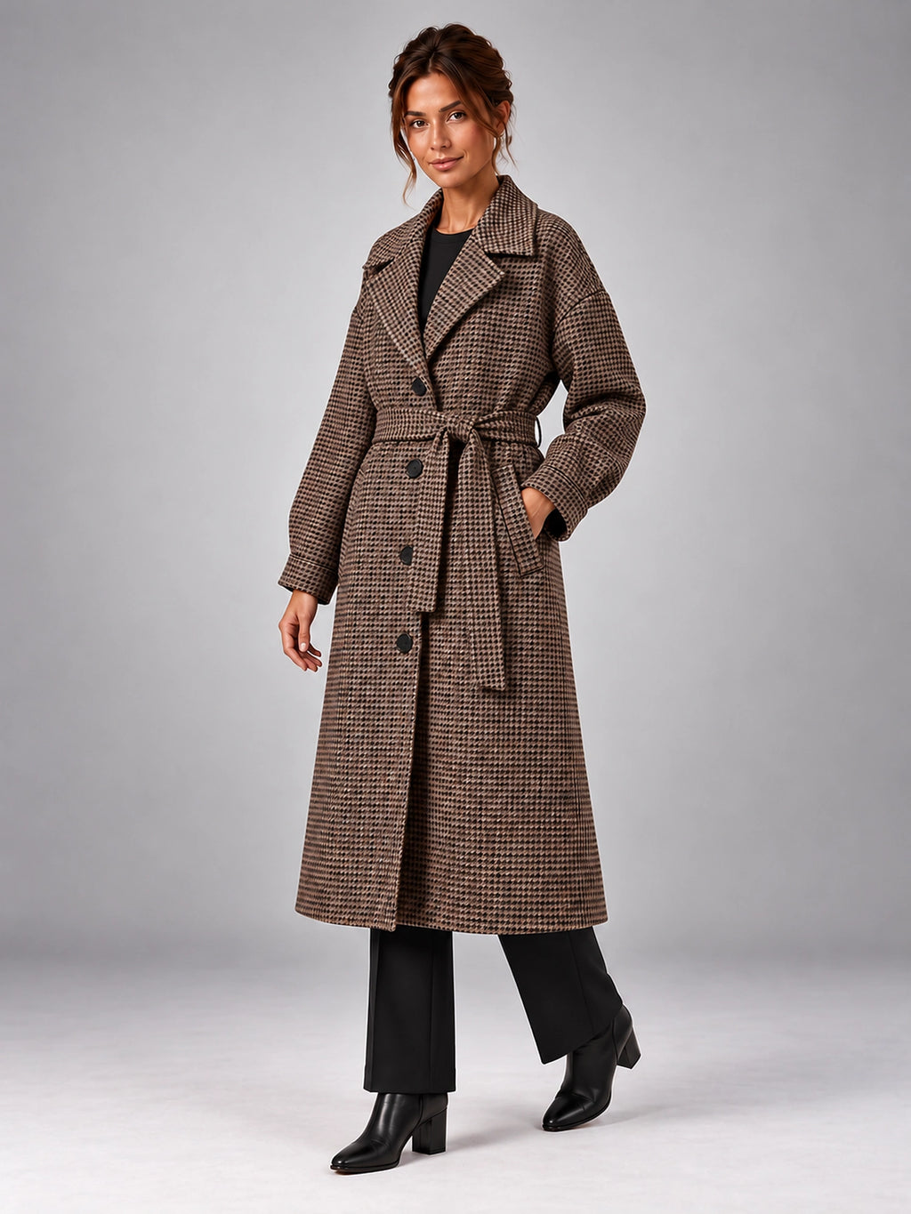 Women's Plaid Wool Blend Coat – Long Belted in Plaid — alternate view