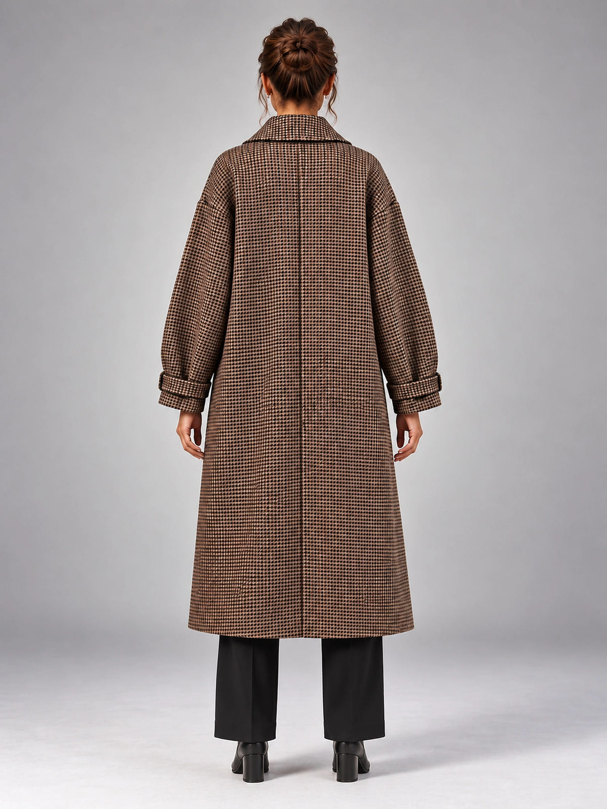 Women's Plaid Wool Blend Coat – Long Belted in Plaid — back view