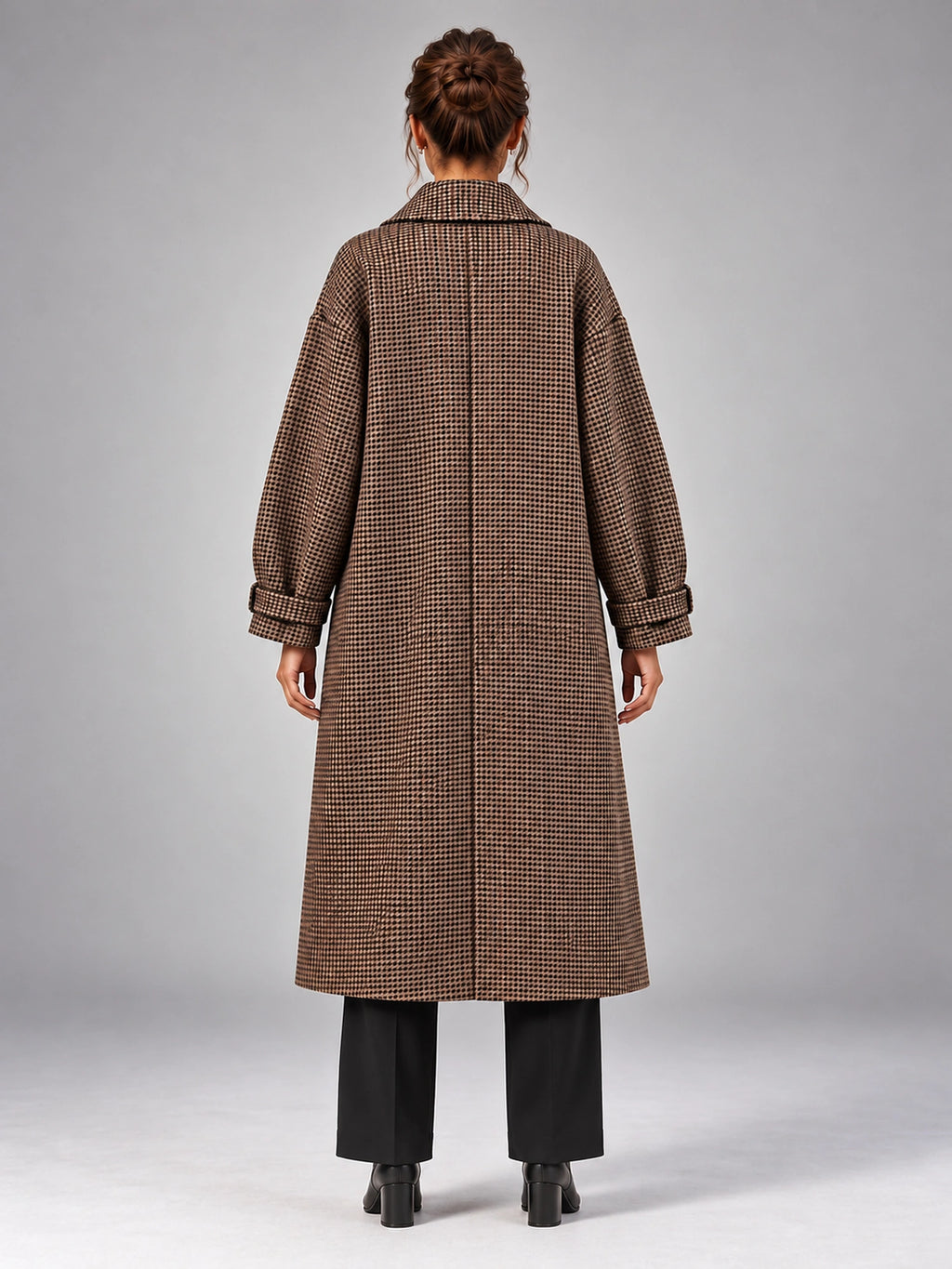 Women's Plaid Wool Blend Coat – Long Belted in Plaid — back view