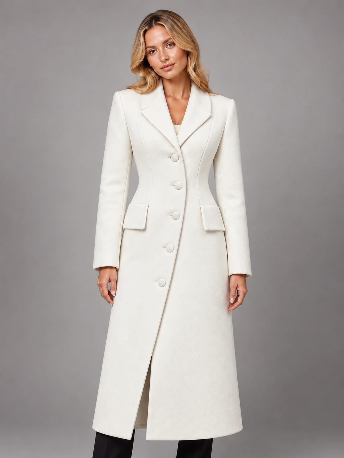 Women's Long Tailored Coat – Single-Breasted Lapel in White — front view