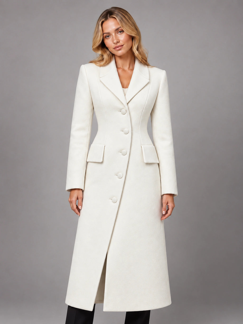 Women's Long Tailored Coat – Single-Breasted Lapel in White — front view