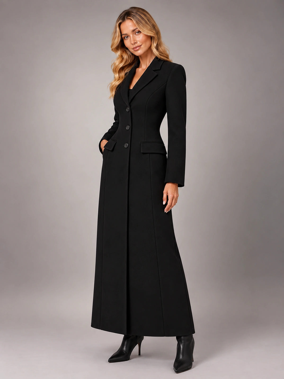 Women's Long Tailored Coat – Single-Breasted Lapel in Black — alternate view