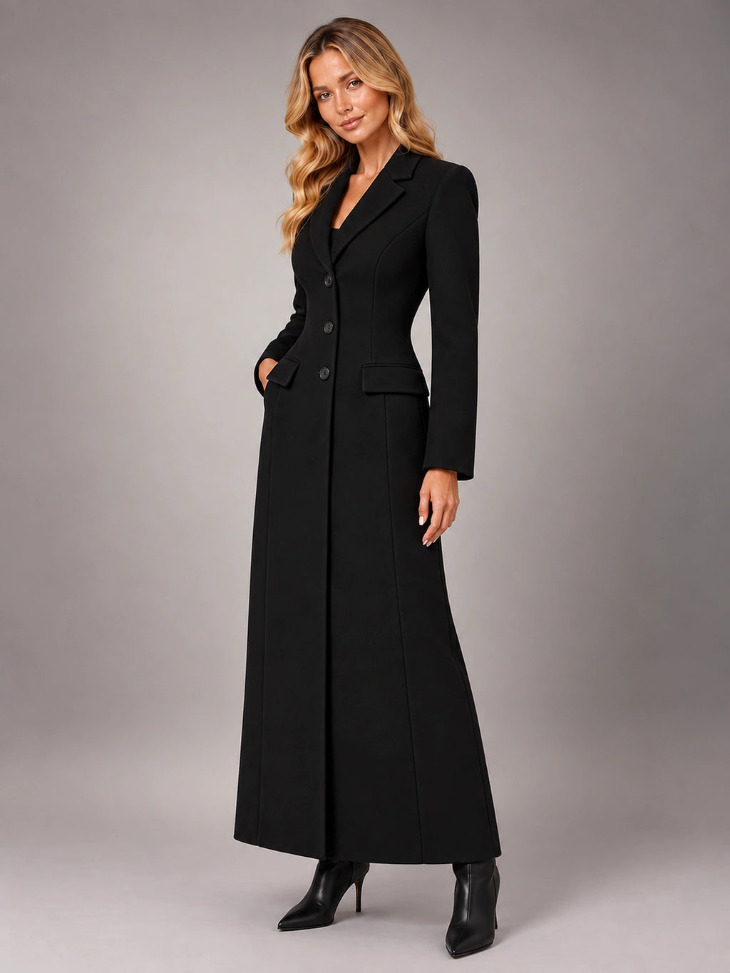 Women's Long Tailored Coat – Single-Breasted Lapel in Black — alternate view