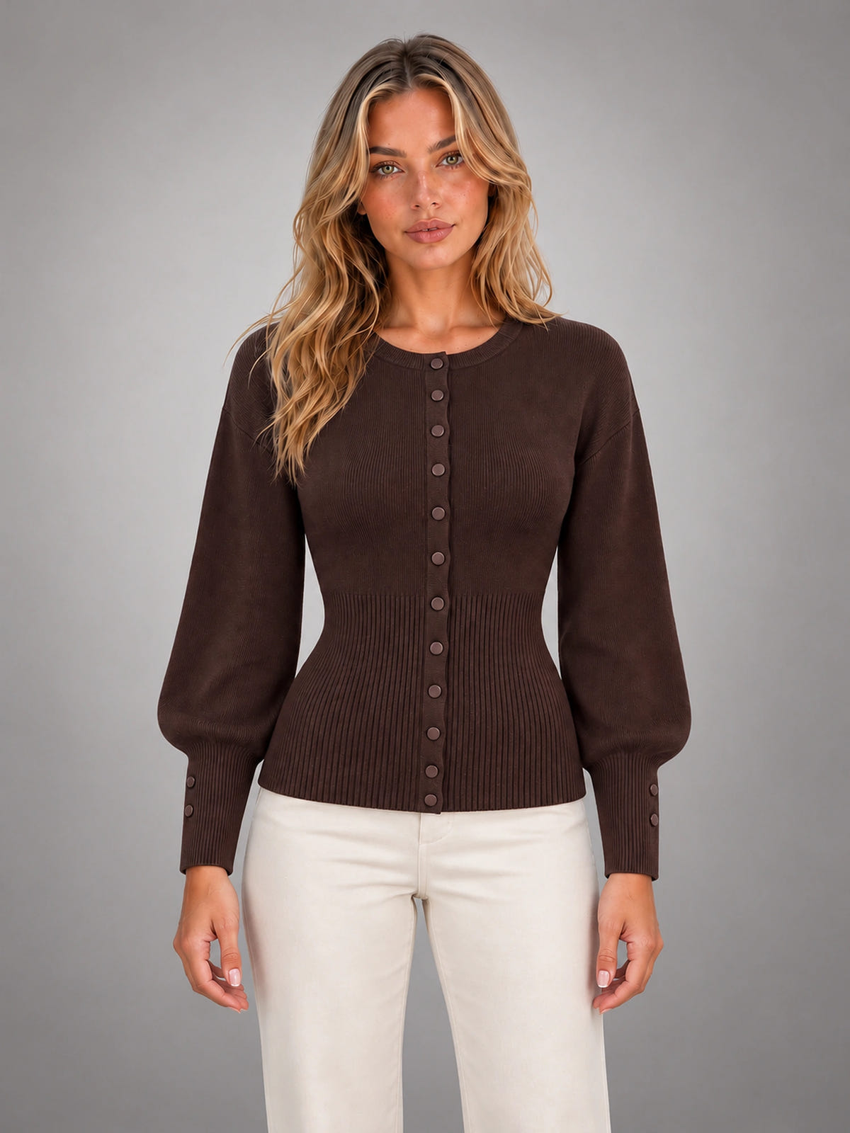 Women's Crew Neck Knit Cardigan – Classic Button-Up in Brown — front view