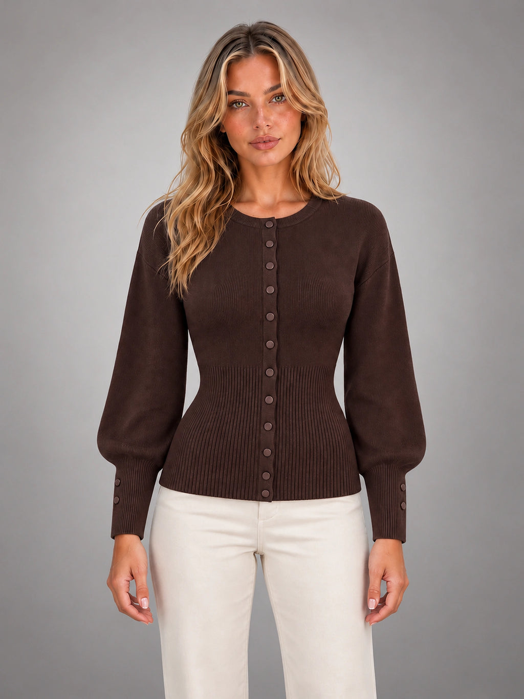Women's Crew Neck Knit Cardigan – Classic Button-Up in Brown — front view