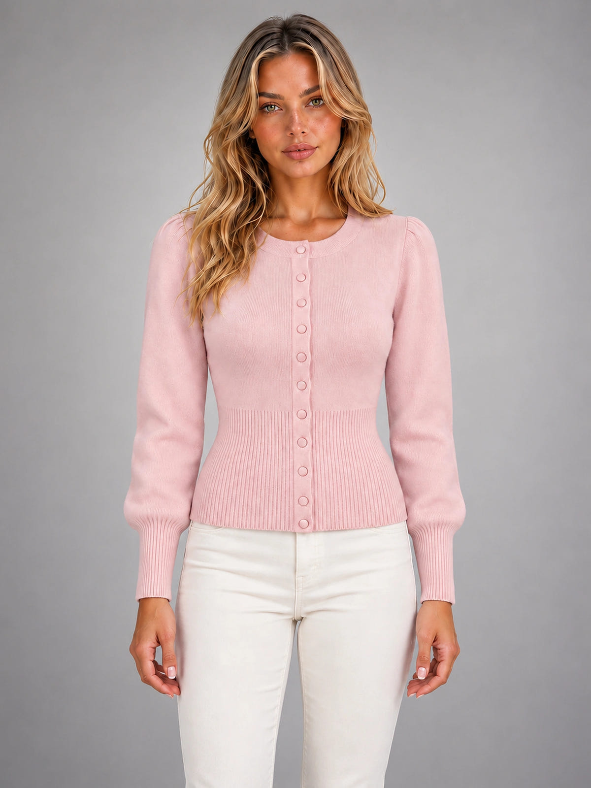 Women's Crew Neck Knit Cardigan – Classic Button-Up in Pink — front view